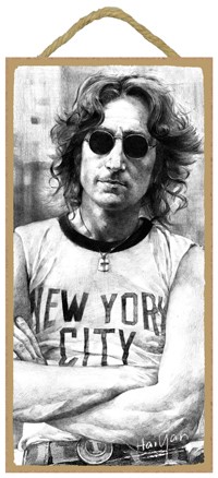 John Lennon (wearing NYC shirt, black and white) Wood Sign 14065