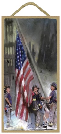 Three Firefighters at Ground Zero (9/11/01) raising the American flag 14117