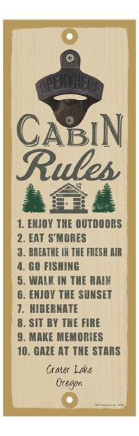 Cabin Rules (cabin & tree image) 5" x 15" bottle opener wood plaque 07430
