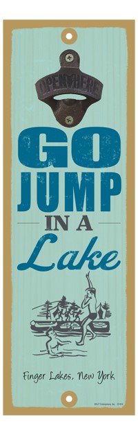 Go jump in a lake (people jumping in lake image) 5" x 15" bottle opener 07434
