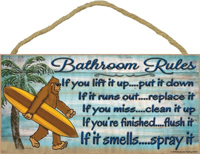 Bathroom Rules - beach theme with Bigfoot 5" x 10" wood plaque, sign - Feat... 83468