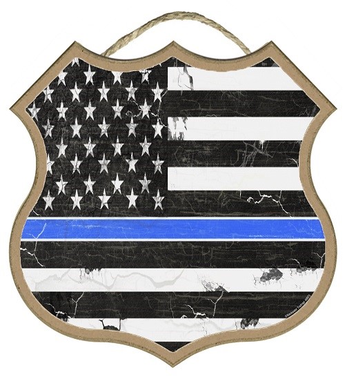 Thin Blue Line Flag  10" Shield shape wood plaque, sign. Police. Features t… 89973