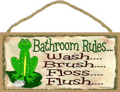 Frog - Bathroom Rules 5" x 10" wood plaque, sign - Features the artwork of … 91021