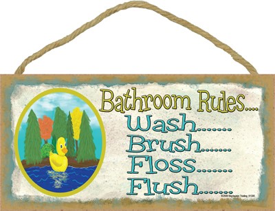 Bathroom Rules - rubber duck 5" x 10" wood plaque, sign - Features the artw… 91306