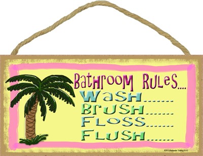 Bathroom rules - palm tree 5" x 10" wood plaque, sign - Features the artwor… 91312