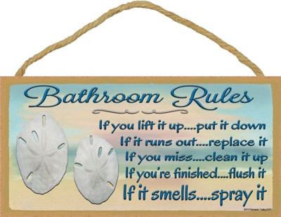 Bathroom Rules (with sand dollars) 5" x 10" wood plaque, sign - Features th… 91941