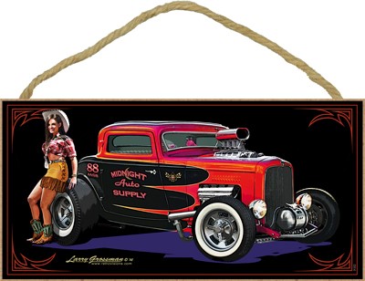 Deuce red car with western chick 5" x 10" wood plaque, sign - features the … 31302