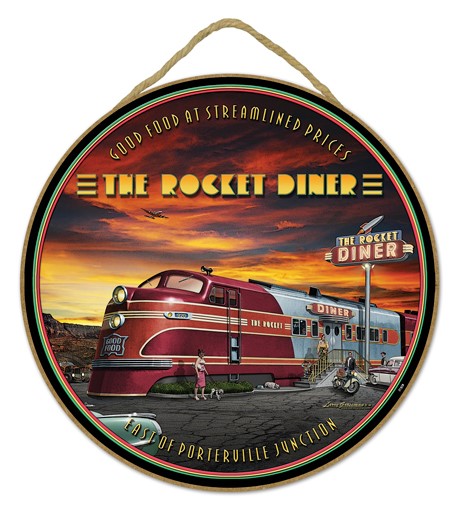 Rocket Diner - train diner  10" round wood plaque, sign - features the artw… 31928