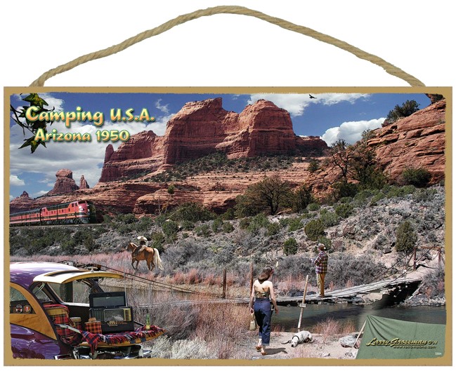Camping USA (Arizona 1950) 10" x 16" wood plaque, sign - features the artwo… 33504