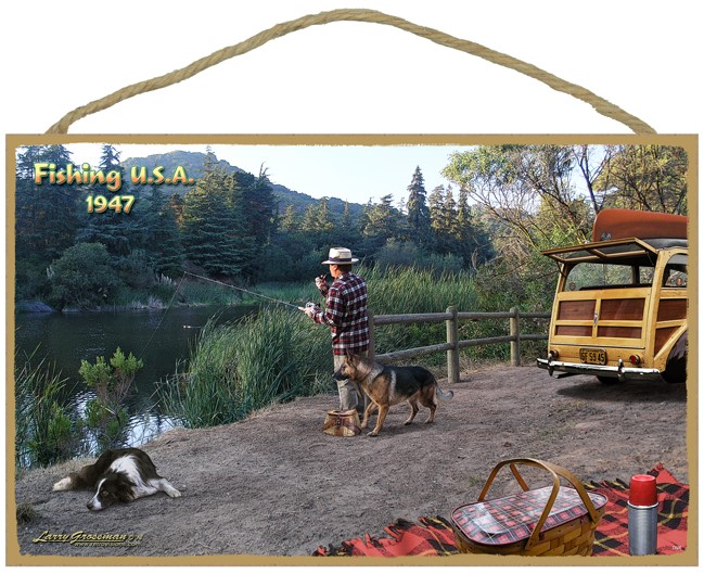 Fishing USA (1947) 10" x 16" wood plaque, sign - features the artwork of La… 33506
