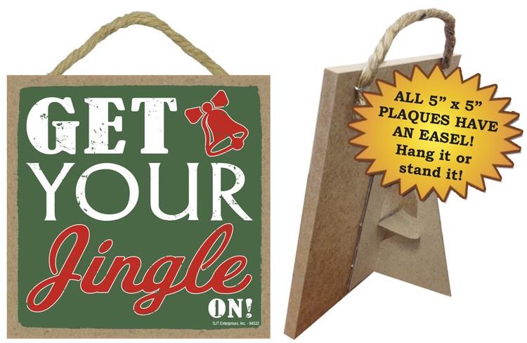Get your jingle on! 5" x 5" primitive Christmas wood plaque with easel, sig... 94532
