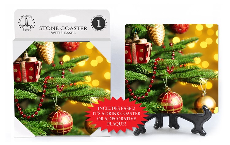 Christmas Ornaments hanging on tree close up - sparkling yellow glitter bkg... 71591