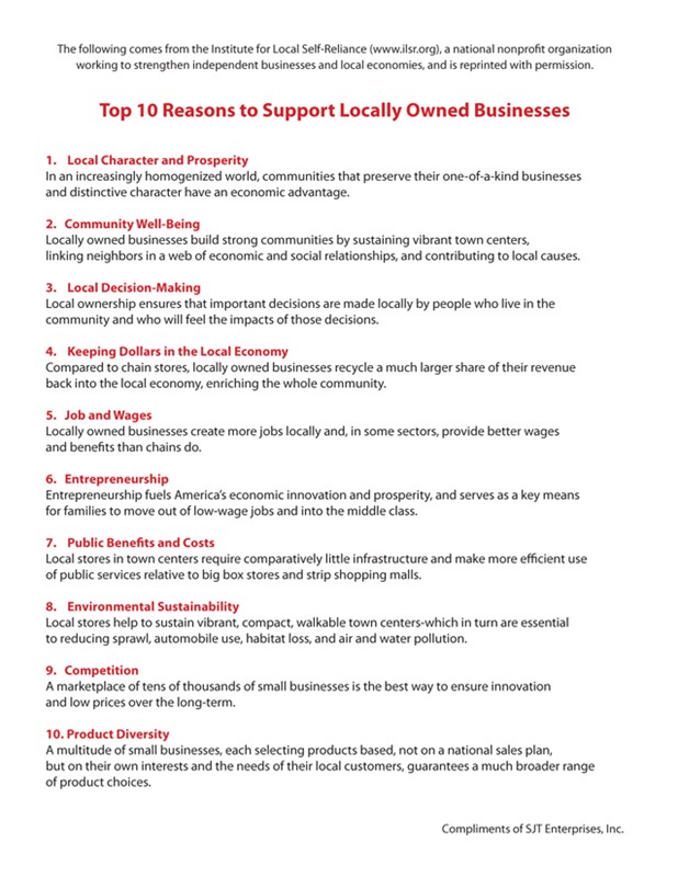 Top 10 Reasons to Support Locally Owned Businesses FREE POSTER 00033