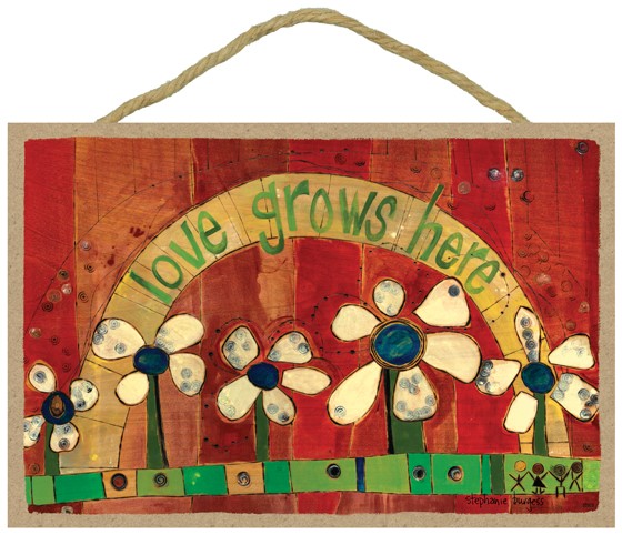 Love grows here (5 beige flowers, red background) 7" x 10.5" wood plaques f... 55928