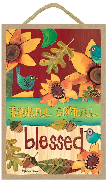 Thankful, grateful, blessed (3 teal/blue birds, orange/yellow flowers, leav… 55941