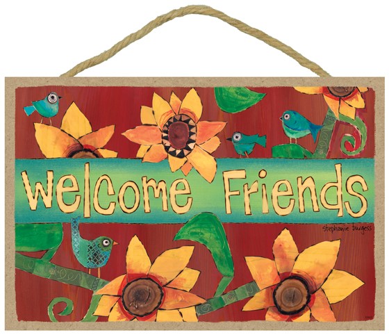 Welcome friends (teal/blue birds, yellow/orange flowers, red background) 7"… 55943