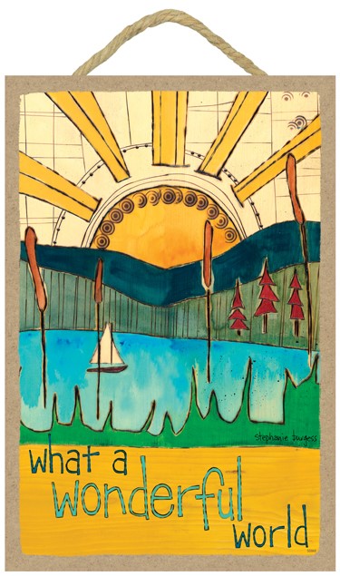 What a wonderful world (sun, water, sailboat, hills, red trees) 7" x 10.5" … 55944