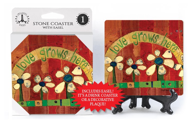Love grows here (5 beige flowers, red background) 1-pack coaster with easel... 56328