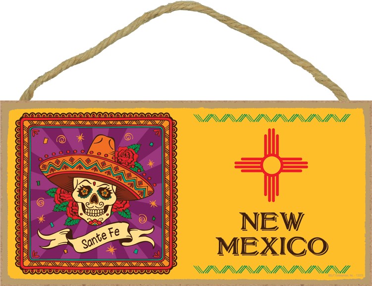 New Mexico flag with day of the dead image with roses and "Santa Fe" namedr… 13323