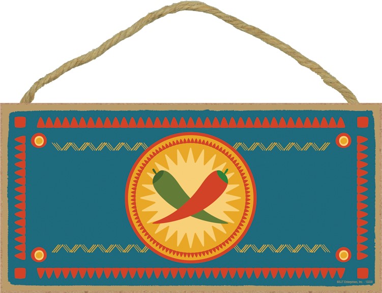 Red and green chiles in center circle with blue bkgd Southwest design 5" x ... 13330