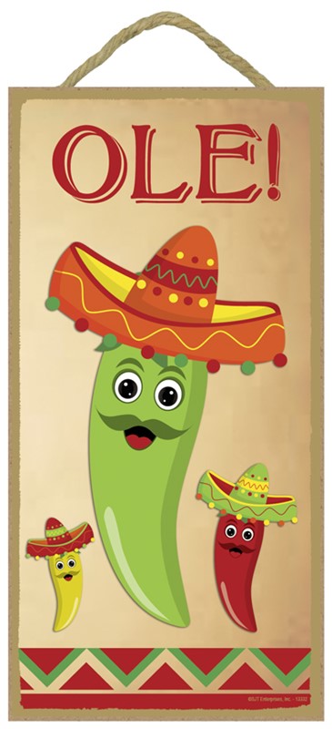 Ole! Chiles in a sombreros Southwest design 5" x 10" wood plaque, sign 13332