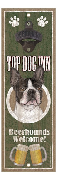 Boston Terrier Top Dog Inn 5" x 15" bottle opener wood plaque 40213