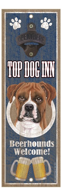 Boxer (uncropped ears) Top Dog Inn 5" x 15" bottle opener wood plaque 40215