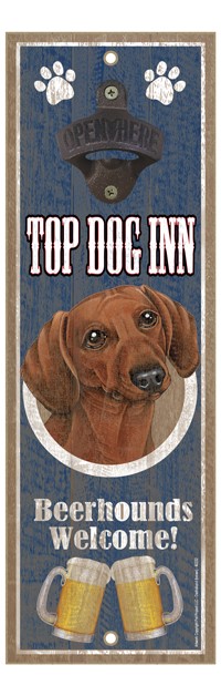 Dachshund (Brown) Top Dog Inn 5" x 15" bottle opener wood plaque 40232