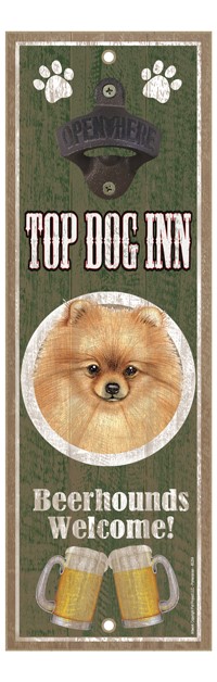 Pomeranian Top Dog Inn 5" x 15" bottle opener wood plaque 40254