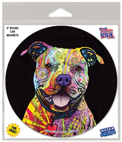 Pitbull smiling 5" round car magnet featuring the funky artwork of Dean Russo, i 86501