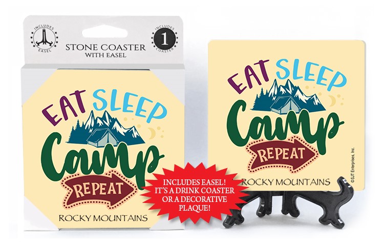 Eat sleep camp repeat (with tent, mountain, trees) 1-pk stone coaster with easel 71954