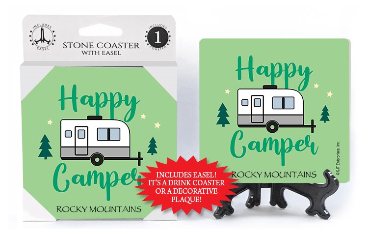 Happy camper (trailer) 1-pk stone coaster with easel - can be name dropped with 71959