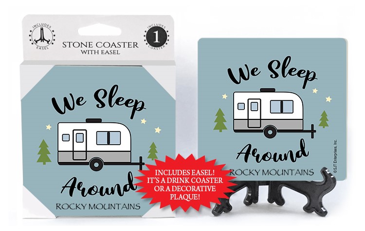 We sleep around (trailer) 1-pk stone coaster with easel - can be name dropped wi 71978