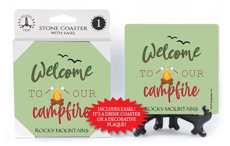 Welcome to our campfire 1-pk stone coaster with easel - can be name dropped with 71979