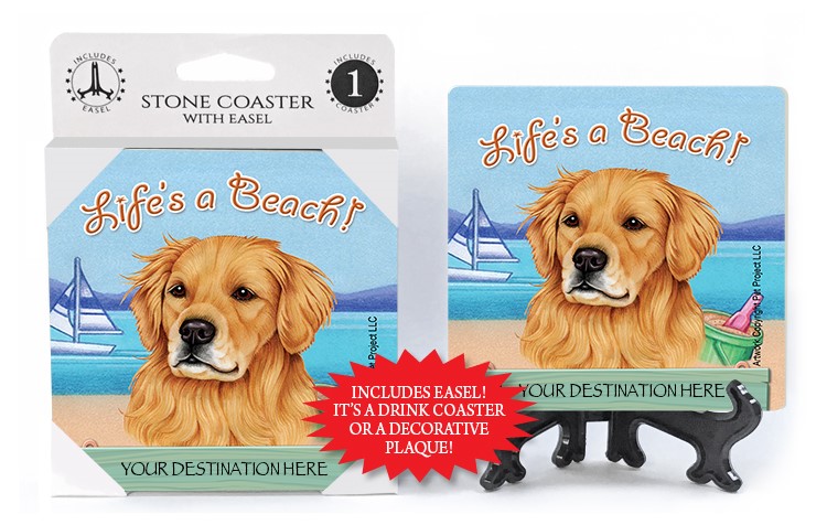 Golden Retriever / Life's A Beach 1-pack with easel stone coaster 49339