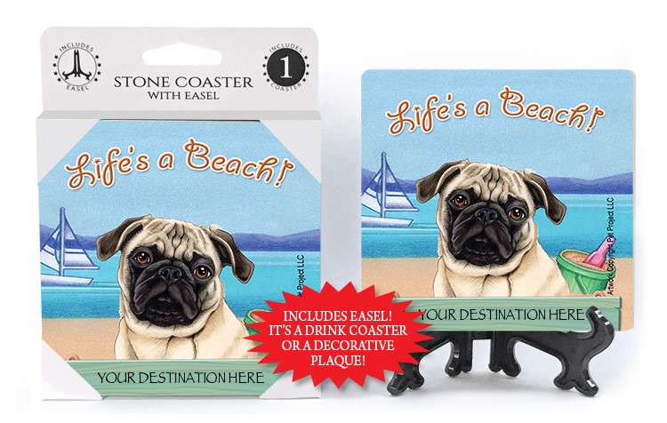 Pug   tan   / Life's A Beach 1-pack with easel stone coaster 49358