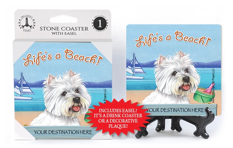 Westie / Life's A Beach 1-pack with easel stone coaster 49374