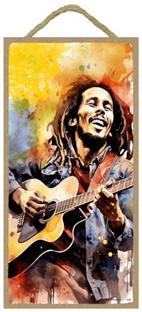 Bob Marley - with guitar in water color artwork design, 5" x 10" wood plaque, si 14358