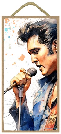 Elvis Presley - singing into microphone, blue jacket, facing left in water color 14378