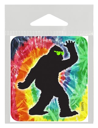 Bigfoot silhouette wearing green sunglasses - weed and tye dye bkgd weed sticker SS00576