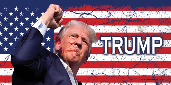 Trump - Bloody face Trump w/fist in air - cracked American flag bkgd 87126