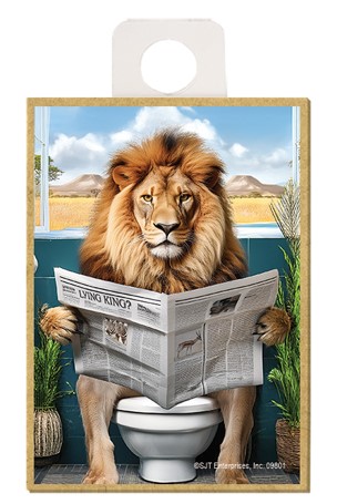 Lion - sitting on the toilet reading a newspaper / wood fridge magnet 09801