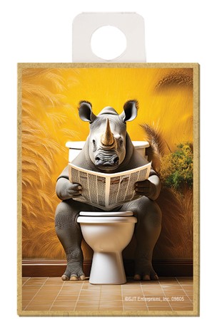 Rhino - sitting on the toilet reading a newspaper / wood fridge magnet 09805
