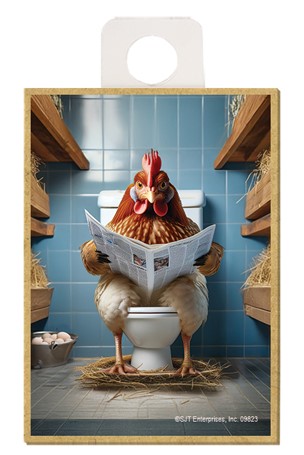 Rooster (chicken) - sitting on the toilet reading a newspaper / wood fridge magn 09823