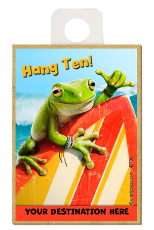 Frog Surfer - Hang Ten! wood fridge magnets featuring the artwork of Avanti…
