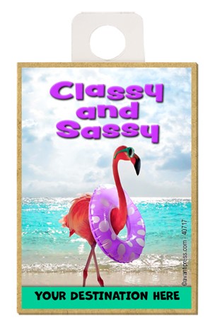 Flamingo on Beach - Classy and Sassy wood fridge magnets featuring the artw…