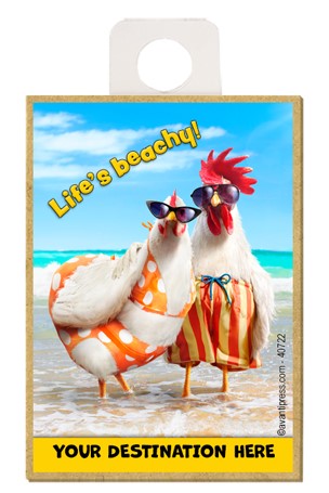 Chicken Couple on Beach - Life's Beachy! wood fridge magnets featuring the …
