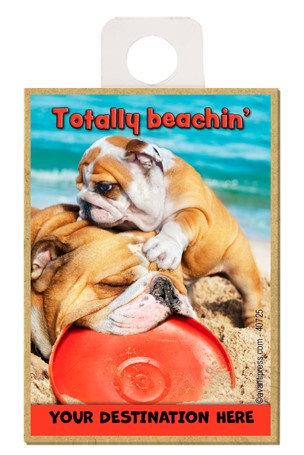 Bulldog and Son in Sand - Totally beachin' wood fridge magnets featuring th…
