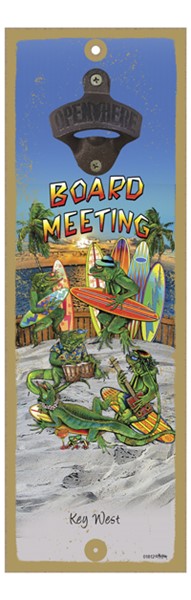 Board Meeting with Surfboards, Wood Plaque Sign Bottle Opener