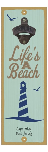 Life's a beach (lighthouse image) 5" x 15" bottle opener wood plaque